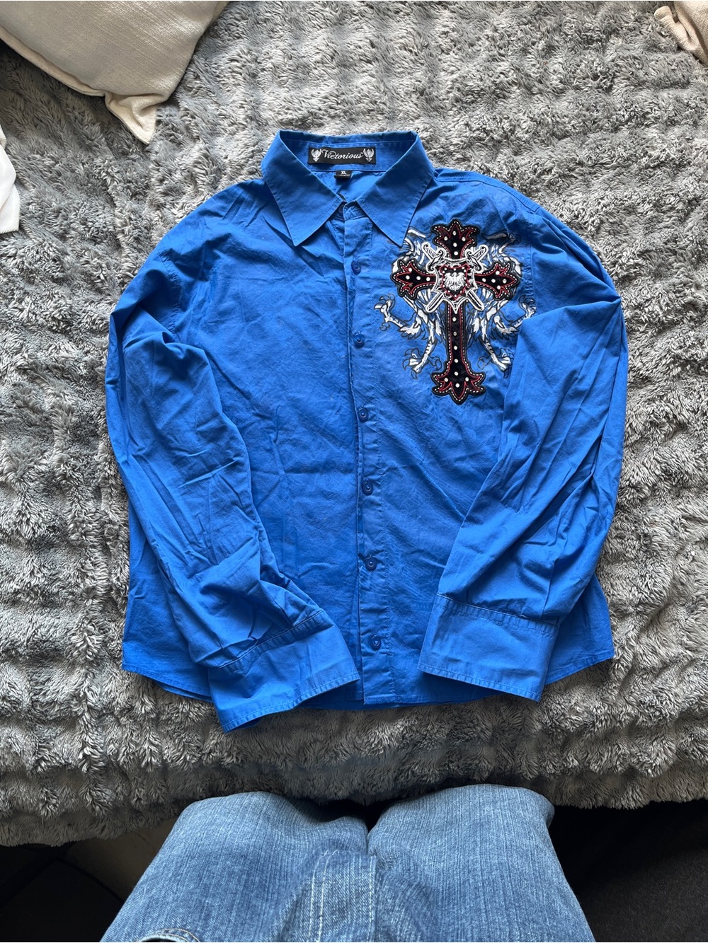 Blue Embroidered Cross Button-Down Shirt (fits more like a medium).